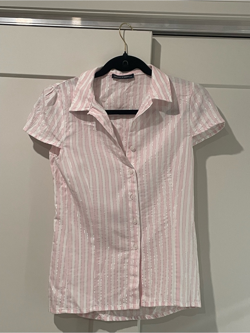 Brandy Melville Pink and White With Silver Striped Rue Short-Sleeve Button-Up